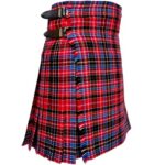 Red Aberdeen tartan kilt with black, blue, and white plaid pattern, featuring pleats and adjustable leather buckle straps on a plain background.
