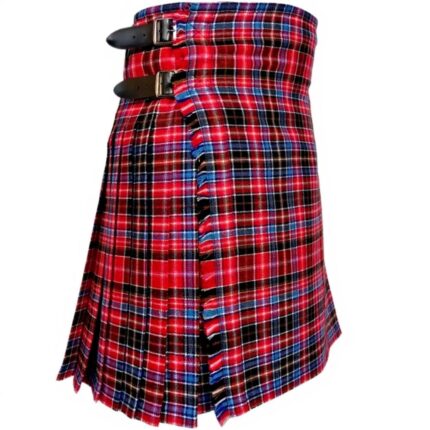 Red Aberdeen tartan kilt with black, blue, and white plaid pattern, featuring pleats and adjustable leather buckle straps on a plain background.