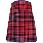 Red Aberdeen tartan kilt with black, blue, and white plaid pattern, featuring pleats and adjustable leather buckle straps on a plain background.