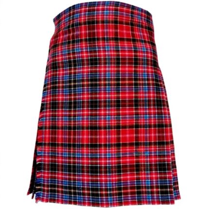 Red Aberdeen tartan kilt with black, blue, and white plaid pattern, featuring pleats and adjustable leather buckle straps on a plain background.