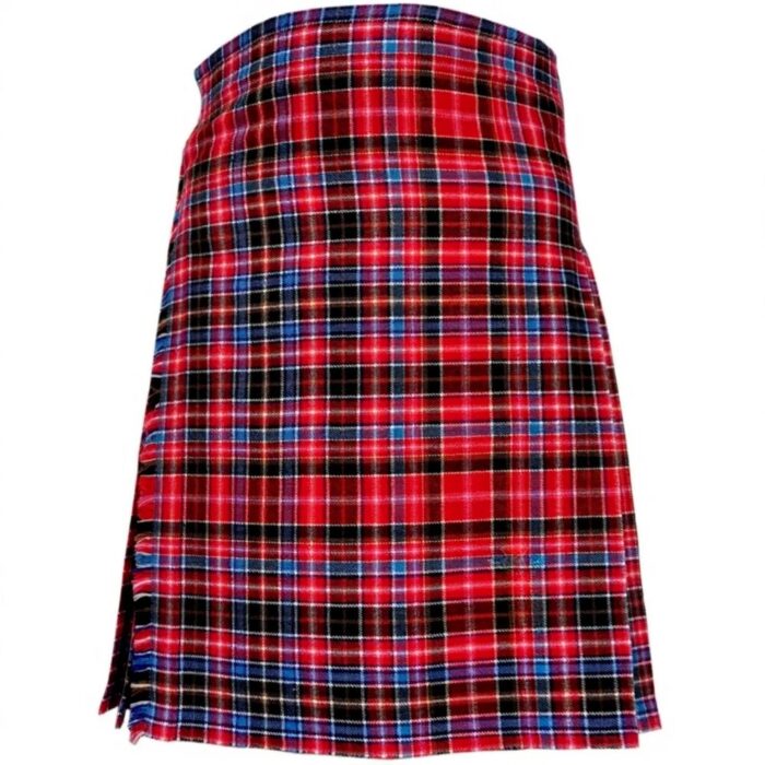 Red Aberdeen tartan kilt with black, blue, and white plaid pattern, featuring pleats and adjustable leather buckle straps on a plain background.