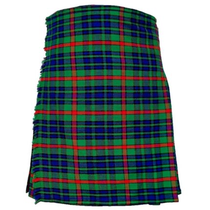 This handmade Aiton tartan kilt is made of heavy acrylic wool and has a classic green, blue, and red plaid pattern. It has sharp pleats and adjustable genuine leather buckle straps on the sides. Great for Scottish weddings and Highland games.