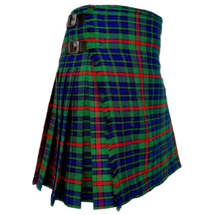 An Aiton tartan kilt featuring a green, blue, and red plaid pattern with pleats and adjustable leather buckle straps on the side.