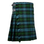 Ancient Campbell tartan kilt in muted green and blue tones with black stripes, featuring side buckles, pleated design, and a plain white background.