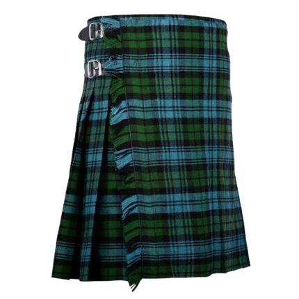 Ancient Campbell tartan kilt in muted green and blue tones with black stripes, featuring side buckles, pleated design, and a plain white background.