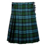 Ancient Campbell tartan kilt in muted green and blue tones with black stripes, featuring side buckles, pleated design, and a plain white background.