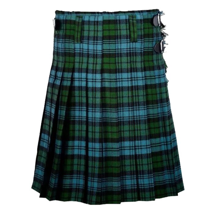 Ancient Campbell tartan kilt in muted green and blue tones with black stripes, featuring side buckles, pleated design, and a plain white background.
