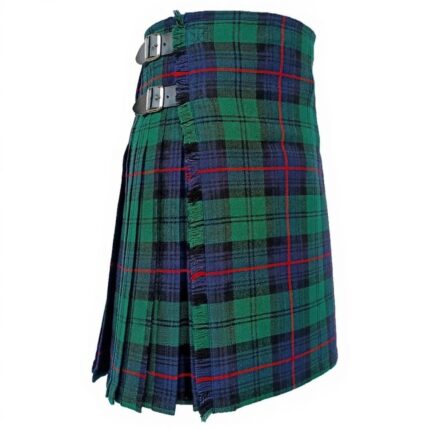 Armstrong modern tartan kilt in green and blue pattern with red lines, featuring pleats, black leather straps, metal buckles, on a white background.