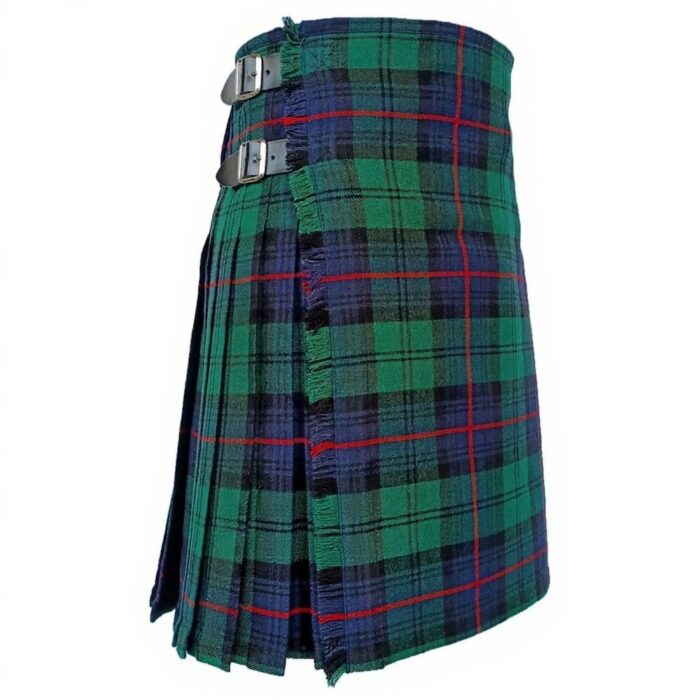 Armstrong modern tartan kilt in green and blue pattern with red lines, featuring pleats, black leather straps, metal buckles, on a white background.