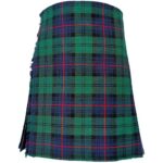 Armstrong modern tartan kilt in green and blue pattern with red lines, featuring pleats, black leather straps, metal buckles, on a white background.