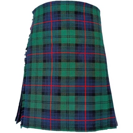Armstrong modern tartan kilt in green and blue pattern with red lines, featuring pleats, black leather straps, metal buckles, on a white background.