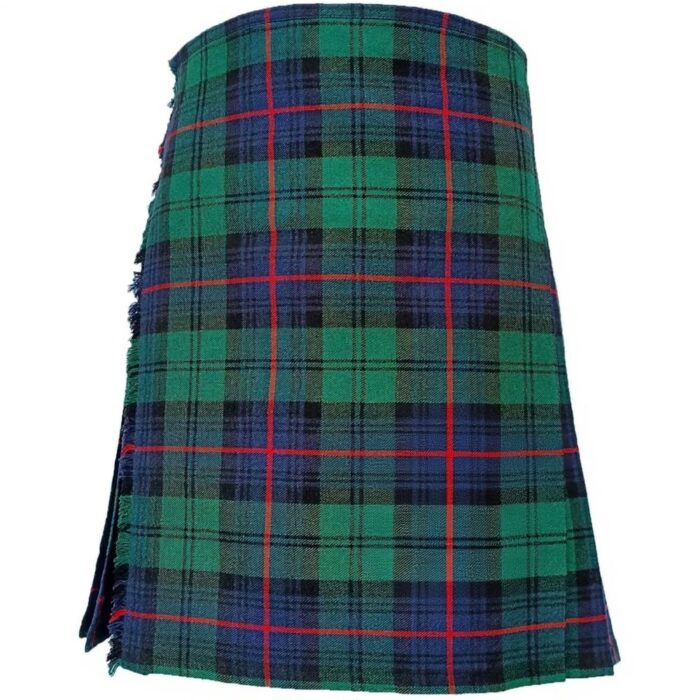 Armstrong modern tartan kilt in green and blue pattern with red lines, featuring pleats, black leather straps, metal buckles, on a white background.
