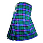 Armstrong tartan kilt in green with blue and pink stripes, featuring side buckles, pleated design, and a plain white background.