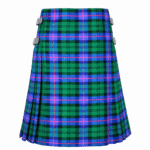 Armstrong tartan kilt in green with blue and pink stripes, featuring side buckles, pleated design, and a plain white background.