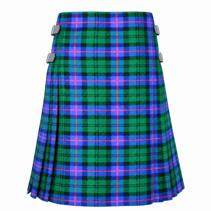 Armstrong tartan kilt in green with blue and pink stripes, featuring side buckles, pleated design, and a plain white background.