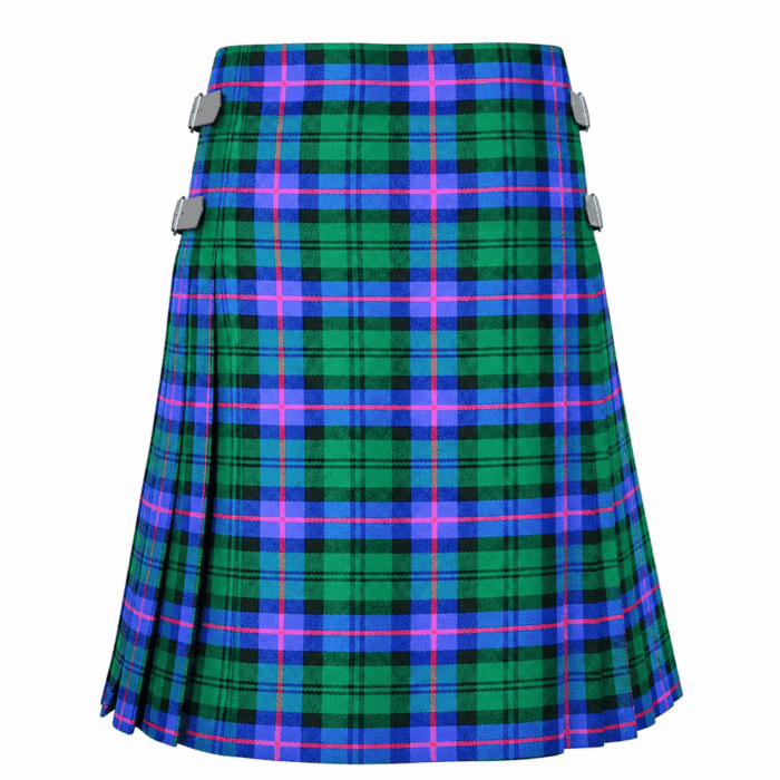 Armstrong tartan kilt in green with blue and pink stripes, featuring side buckles, pleated design, and a plain white background.