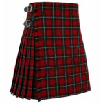 Bacon Red Tartan Kilt with green and white plaid pattern, traditional Scottish pleated kilt with black leather buckle straps on white background