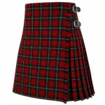 Bacon Red Tartan Kilt with green and white plaid pattern, traditional Scottish pleated kilt with black leather buckle straps on white background