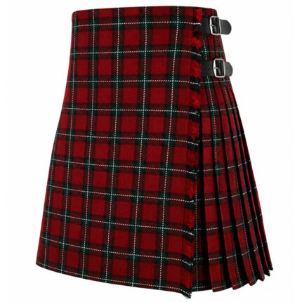 Bacon Red Tartan Kilt with green and white plaid pattern, traditional Scottish pleated kilt with black leather buckle straps on white background