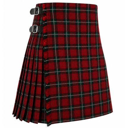 Bacon Red Tartan Kilt with green and white plaid pattern, traditional Scottish pleated kilt with black leather buckle straps on white background