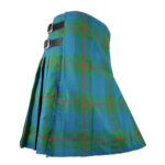 Barclay Ancient Tartan Kilt with blue and green plaid pattern, traditional Scottish kilt with red lines and leather buckle straps on white background