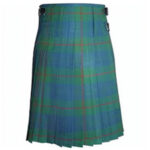 Barclay Ancient Tartan Kilt with blue and green plaid pattern, traditional Scottish kilt with red lines and leather buckle straps on white background