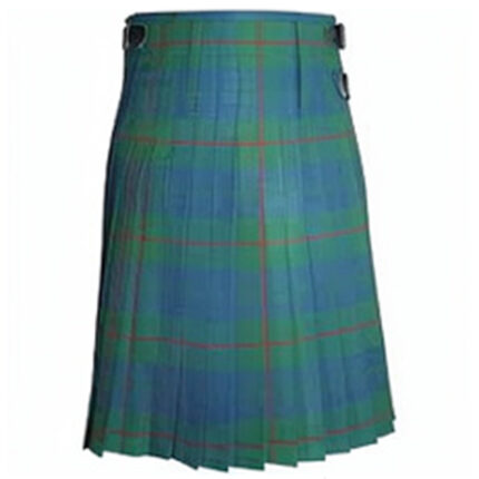 Barclay Ancient Tartan Kilt with blue and green plaid pattern, traditional Scottish kilt with red lines and leather buckle straps on white background