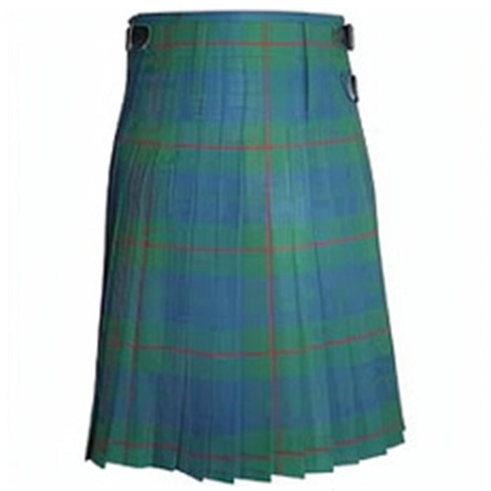 Barclay Ancient Tartan Kilt with blue and green plaid pattern, traditional Scottish kilt with red lines and leather buckle straps on white background