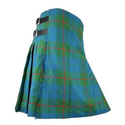 Barclay Ancient Tartan Kilt with blue and green plaid pattern, traditional Scottish kilt with red lines and leather buckle straps on white background