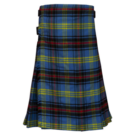 Bell of the Borders tartan kilt featuring blue, green, yellow, and red plaid pattern with adjustable side straps