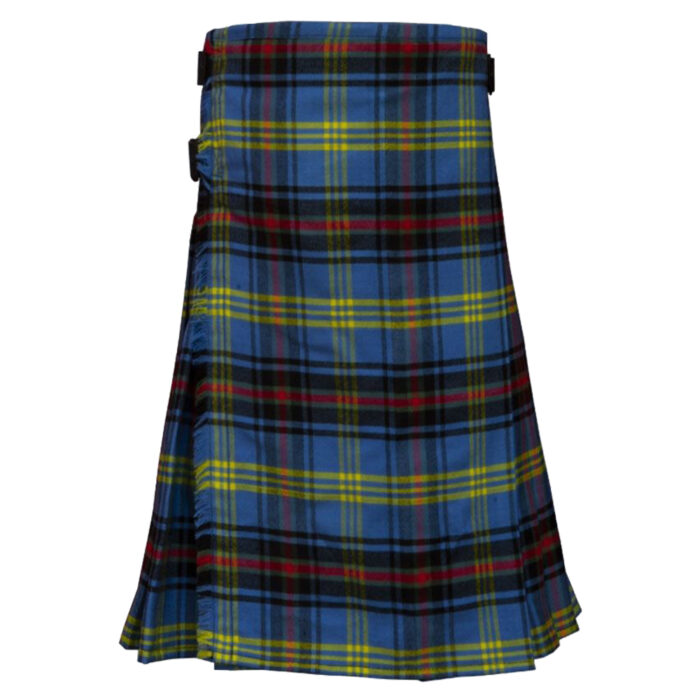 Bell of the Borders tartan kilt featuring blue, green, yellow, and red plaid pattern with adjustable side straps
