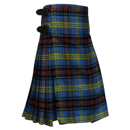 Bell of the Borders tartan kilt featuring blue, green, yellow, and red plaid pattern with adjustable side straps