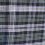 Gray and black Scottish tartan kilt with purple and white stripes, featuring traditional pleats and leather buckle straps on a plain white background.