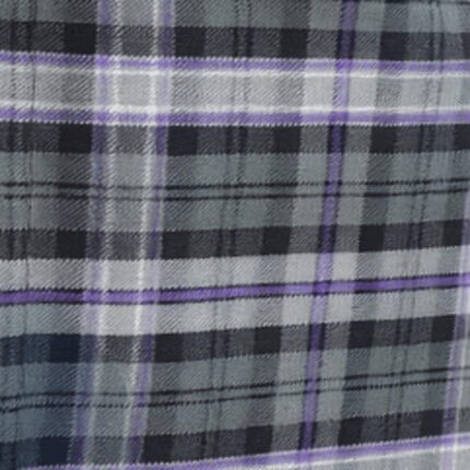 Gray and black Scottish tartan kilt with purple and white stripes, featuring traditional pleats and leather buckle straps on a plain white background.