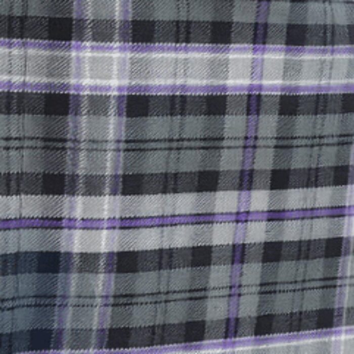 Gray and black Scottish tartan kilt with purple and white stripes, featuring traditional pleats and leather buckle straps on a plain white background.