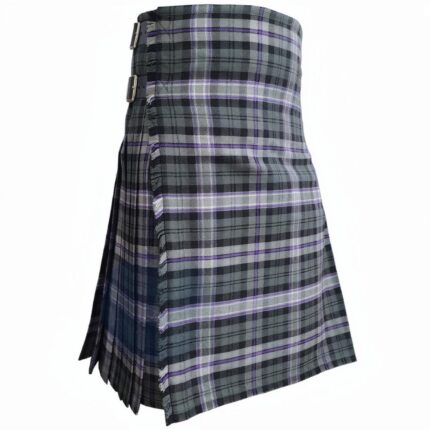 Gray and black Scottish tartan kilt with purple and white stripes, featuring traditional pleats and leather buckle straps on a plain white background.