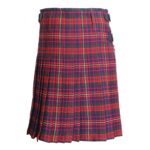 Red and green tartan kilt with pleats and two black buckles on the side. A Cameron of Erracht tartan kilt