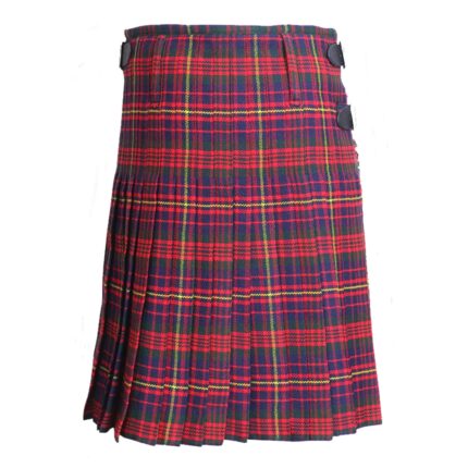 Red and green tartan kilt with pleats and two black buckles on the side. A Cameron of Erracht tartan kilt