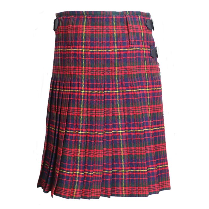 Red and green tartan kilt with pleats and two black buckles on the side. A Cameron of Erracht tartan kilt