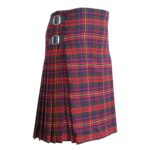Red and green tartan kilt with pleats and two black buckles on the side. A Cameron of Erracht tartan kilt