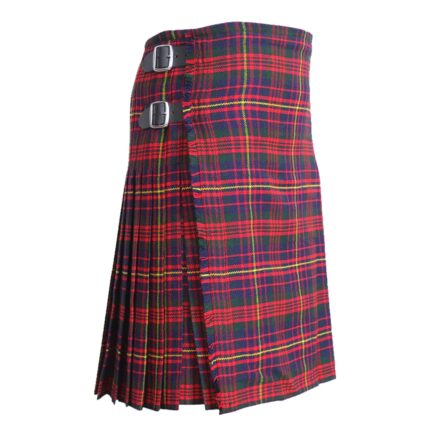 Red and green tartan kilt with pleats and two black buckles on the side. A Cameron of Erracht tartan kilt