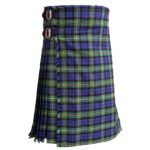 A knee-length kilt with blue, green, and yellow tartan pattern, featuring pleats and two leather buckle straps on the side.