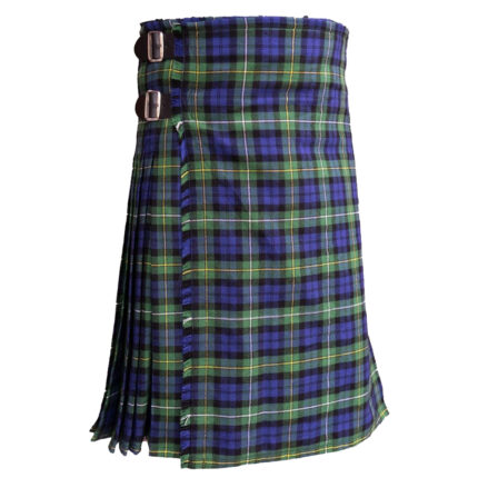 A knee-length kilt with blue, green, and yellow tartan pattern, featuring pleats and two leather buckle straps on the side.