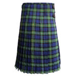 A knee-length kilt with blue, green, and yellow tartan pattern, featuring pleats and two leather buckle straps on the side.