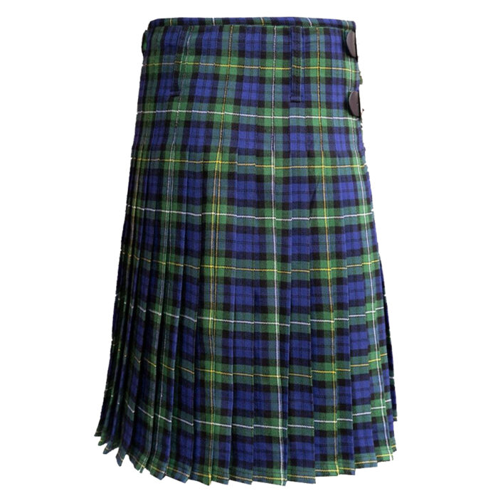 A knee-length kilt with blue, green, and yellow tartan pattern, featuring pleats and two leather buckle straps on the side.
