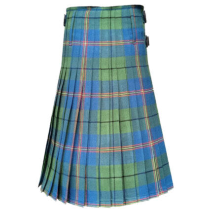 A blue and green plaid kilt with a subtle red stripe and a black buckle on the side. The fabric is neatly pleated, conveying a traditional Scottish style.