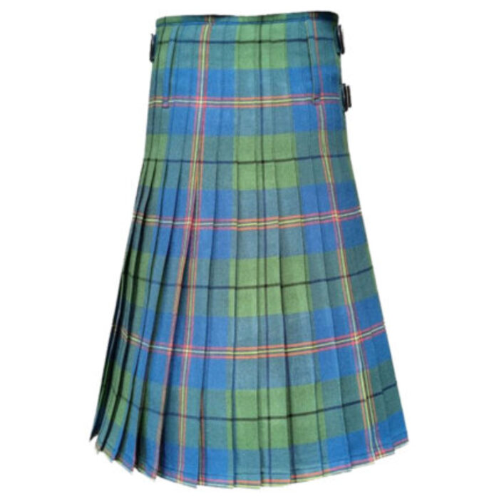 A blue and green plaid kilt with a subtle red stripe and a black buckle on the side. The fabric is neatly pleated, conveying a traditional Scottish style.