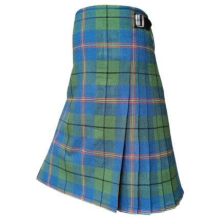 A blue and green plaid kilt with a subtle red stripe and a black buckle on the side. The fabric is neatly pleated, conveying a traditional Scottish style. (Carmichael Tartan Kilt)