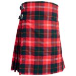 Red plaid kilt with black and green checks, featuring side buckles and pleats. The traditional design conveys a classic and cultural tone. (Chisholm Tartan Kilt)