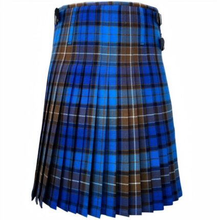 A blue, brown, and black tartan kilt is displayed against a white background. It features pleats and two leather buckles, evoking a traditional and formal tone.